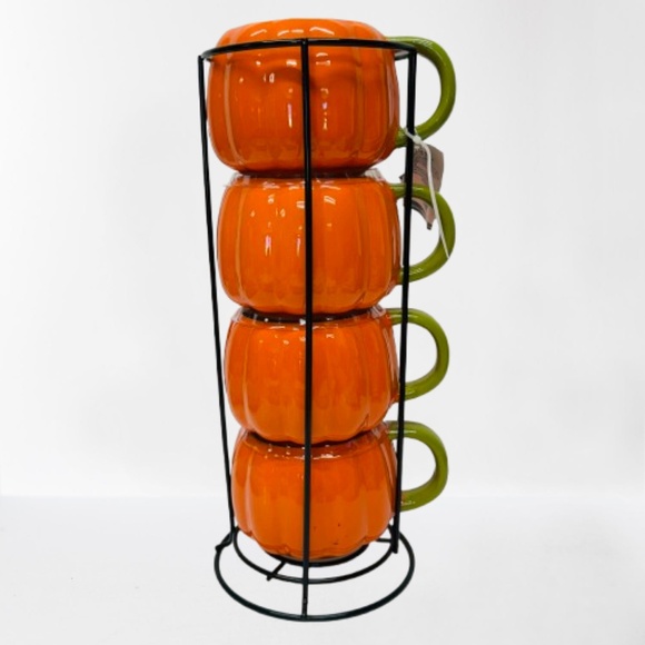 Stackable Smiling Pumpkin Jack-o-lantern Mugs Cups Set of 4 Halloween Mug FLAW - Picture 2 of 3